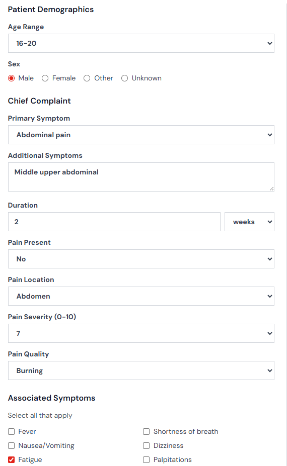 Differential diagnosis structured input workflow